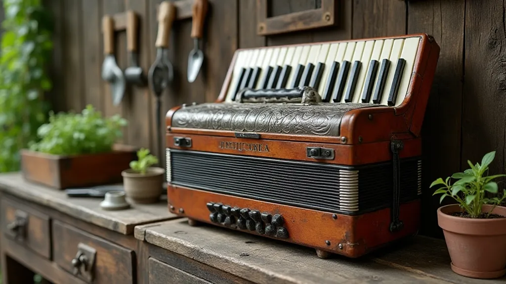 Antique accordion on a workbench with herbs