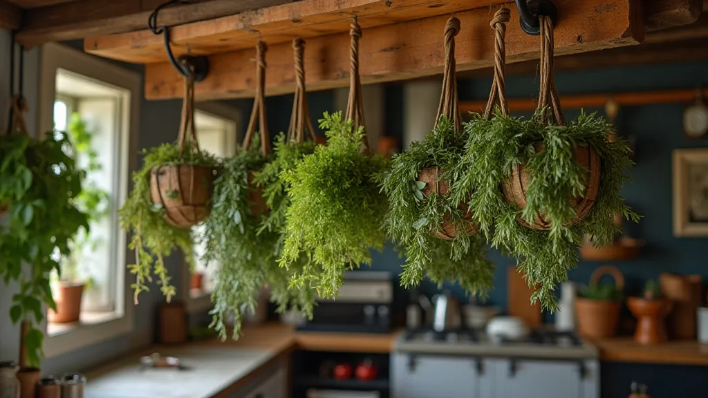 Collection of dried herbs hanging in a kitchen