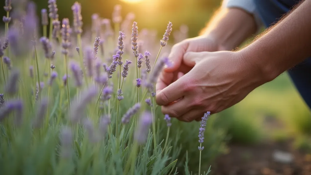 Gardener tending to lavender plants