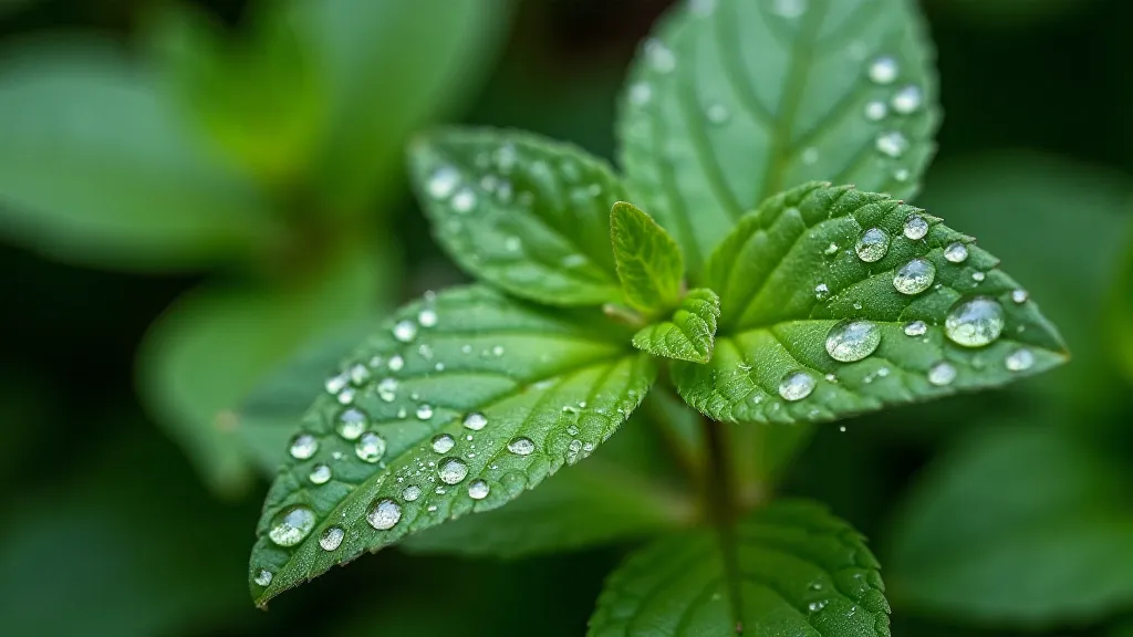 A single mint leaf with water droplets